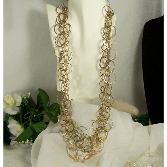 Gold Tone Costume Jewelry Lot Four Long Necklaces Circles and Hoops - Picture 2 of 10